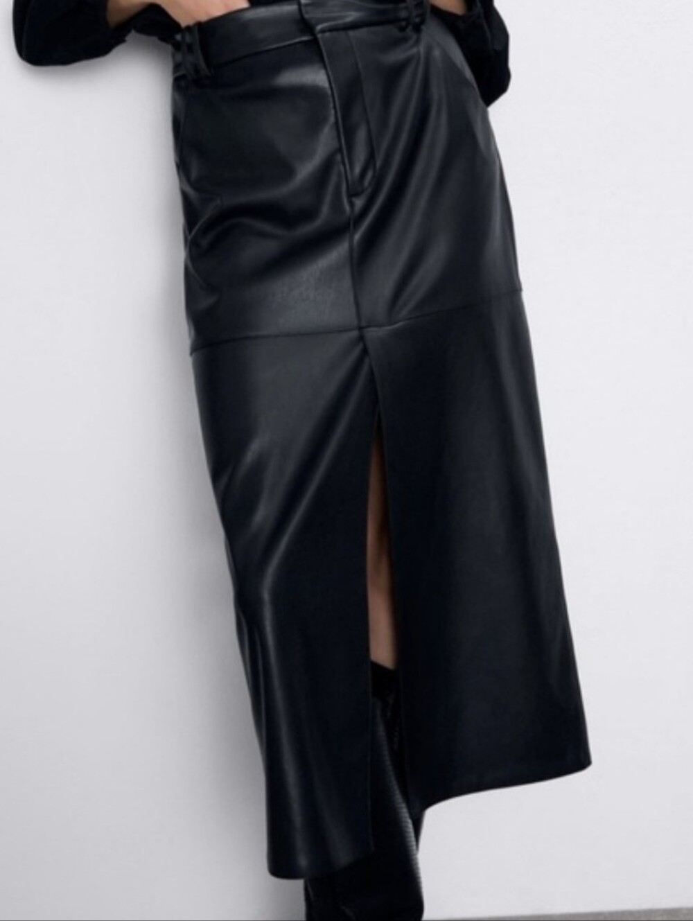 Zara Faux Leather Midi Black Skirt L - Picture 7 of 10